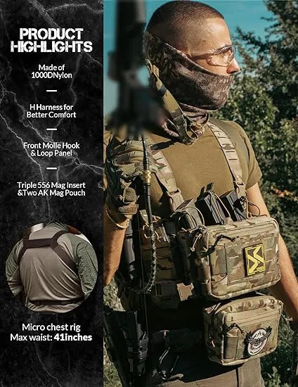 Modular Tactical Chest Rig with Magazine Pouch. High Quality Material Tactical chest rig tactical vest is made of high quality nylon fabric, an heavy duty fabric that resists wear, stress, and tearing, Water repellent fabric ensures minimal water absorpti