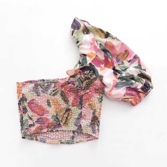 Asymmetrical Print Top Slanted Shoulde Slim Short Shirt Pink - Shop at LoveMi