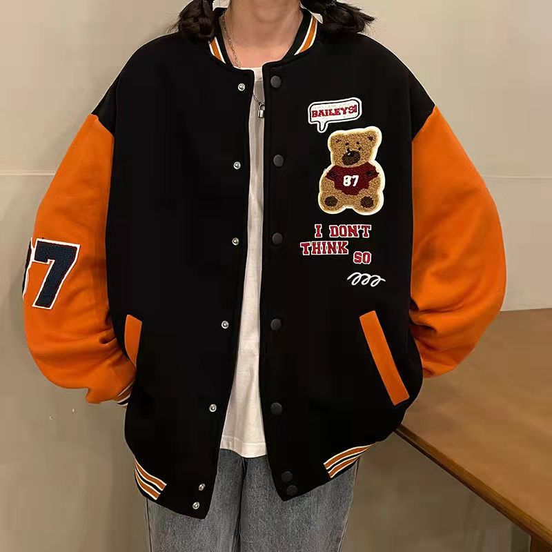 Fleece Baseball Jersey Casual Bear Alphabet Japanese Style