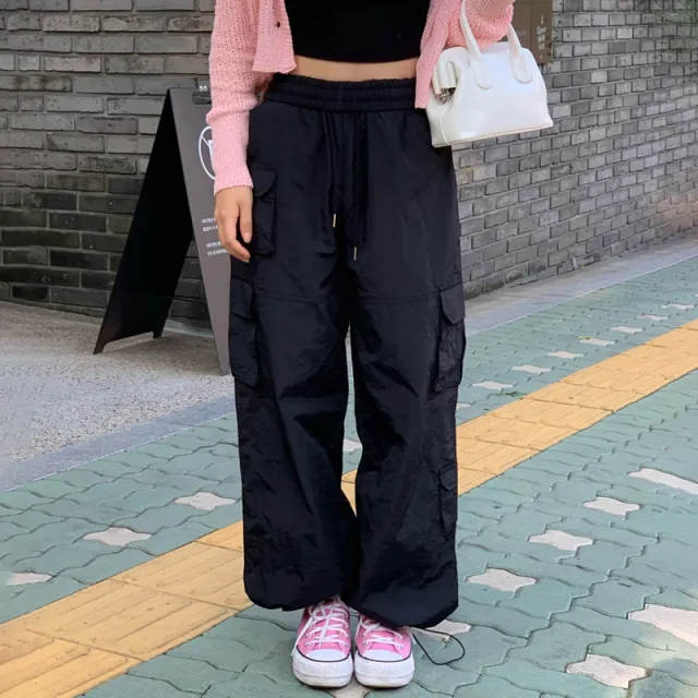 Women's Large Pocket Workwear Woven Loose Drawstring Straight Casual Pants Black - Shop at LoveMi
