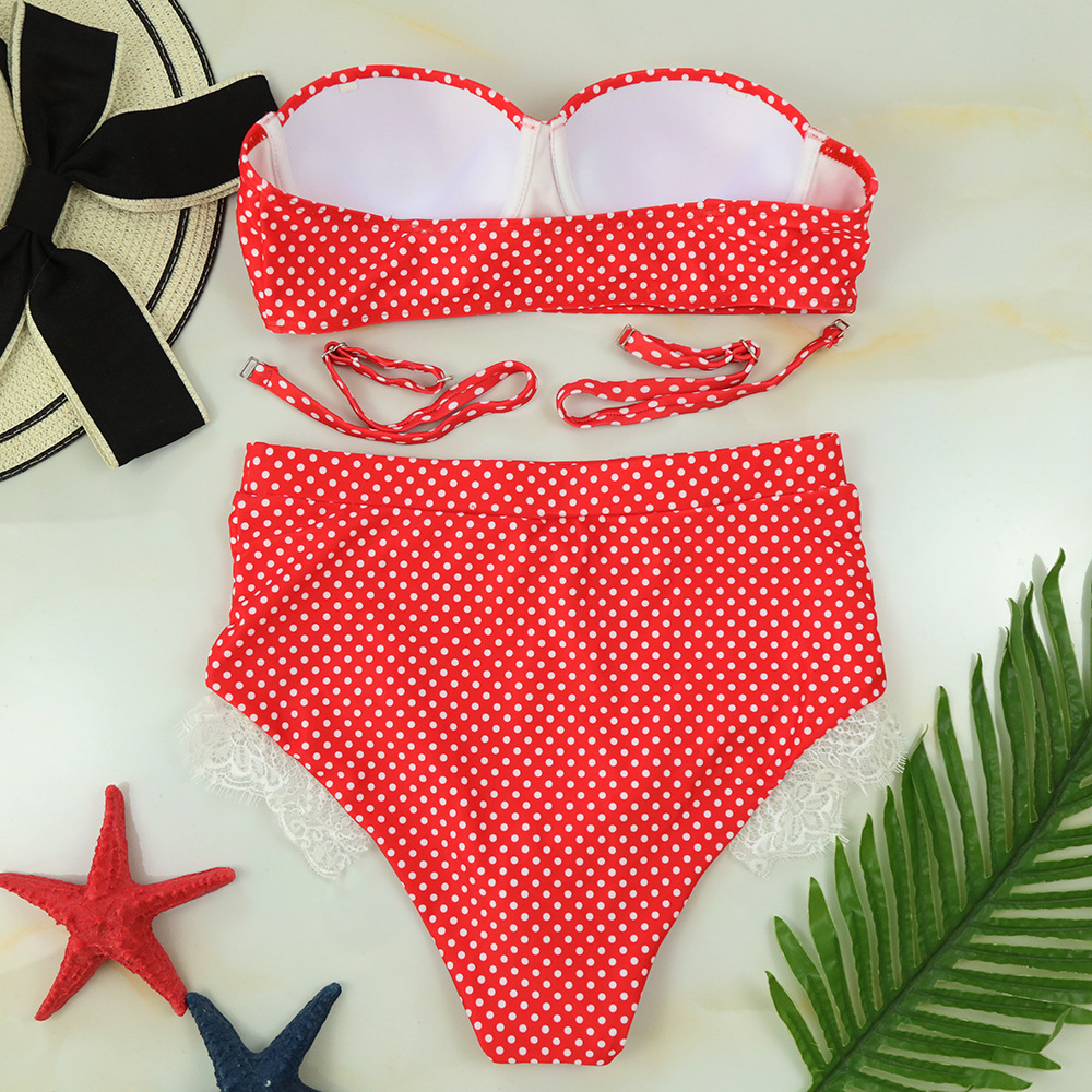 Swimsuit Split Polka Dot High Waist Underwire Lace Bikini - Image 4
