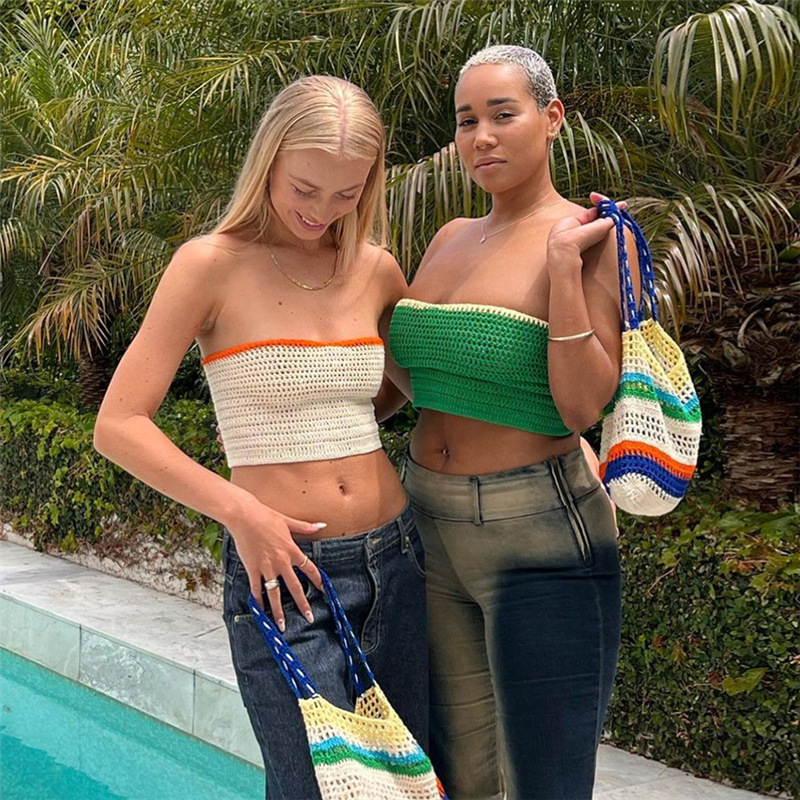 Contrast Color Cropped Navel Knit Tie Bandeau Tank Top