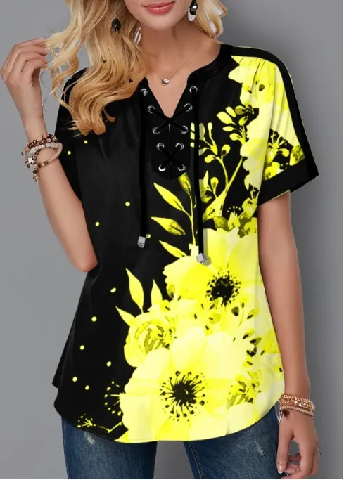 New Summer Print Lace Up Short Sleeved Women's Loose Top Black - Shop at LoveMi