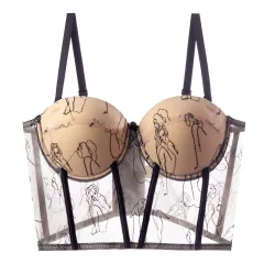 French Portrait Embroidered Mesh Bra Camisole - Khaki - View 1