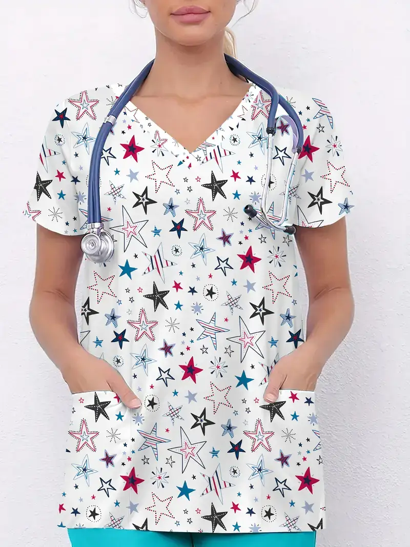 Plus Size Women's Vibrant Print Scrub Top Casual V-Neck Short Sleeve