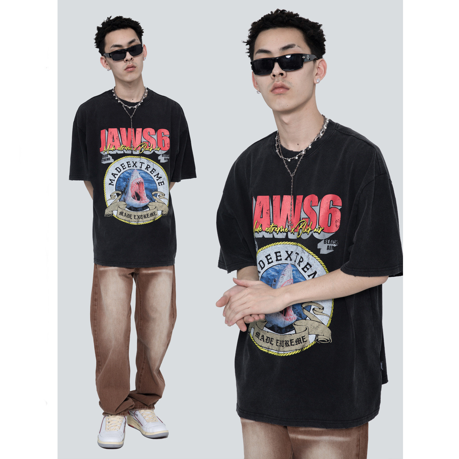 Street Vintage Shark Print Washed Distressed Short Sleeves