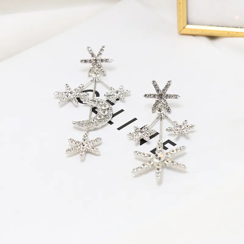 Sparkling Diamond Moon Star Earrings Long Style