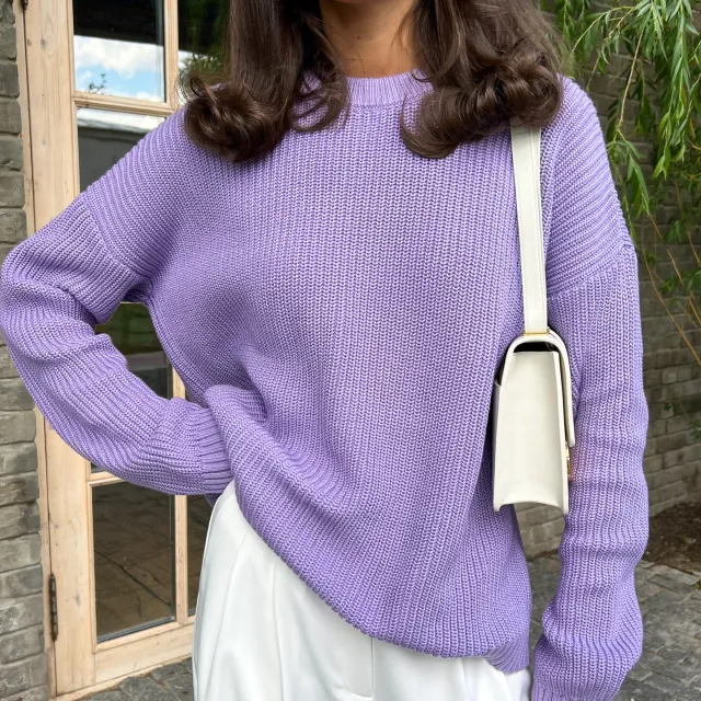 Women's Knitwear Round Neck Loose Solid Color Sweater Lavender Purple - Shop at LoveMi