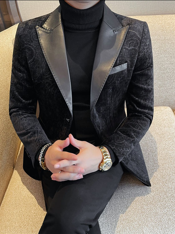 Jacquard Velvet Leather Lapel Men's Blazer