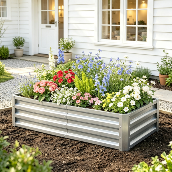 4inch X 2inch X 1inch Galvanized Raised Garden Bed For Patio Herb Gardening, Sturdy Metal Planter Box