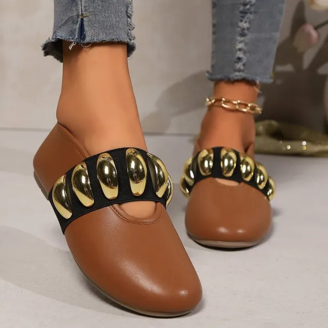 Personalized Flats Shoes With Metal Buckle Design Fashion Round Toe Slip On Loafers For Women Brown - Shop at LoveMi