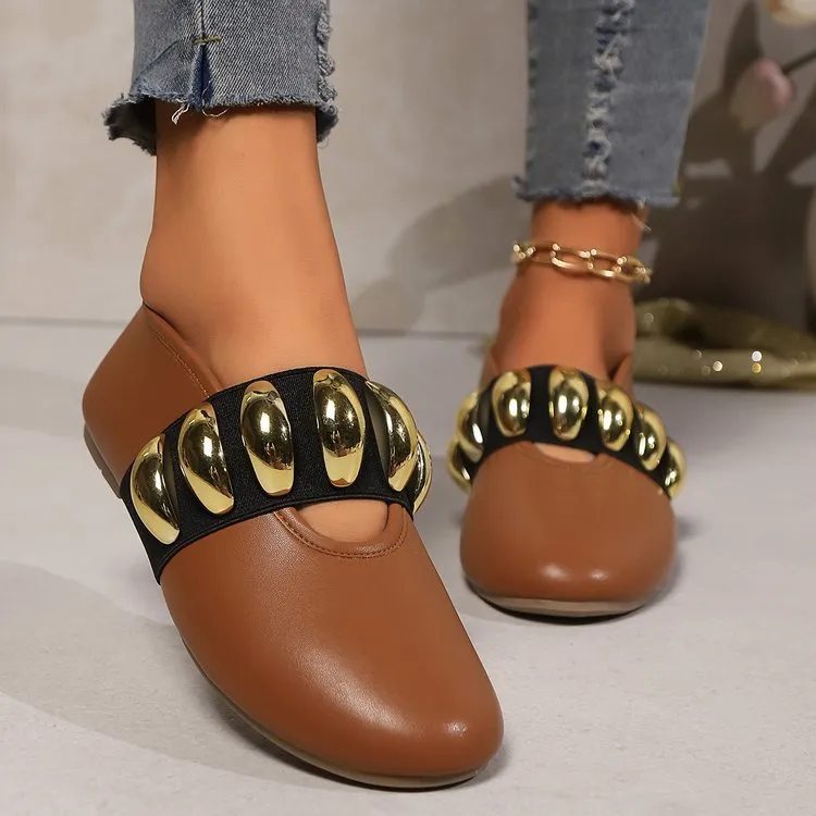 Personalized Flats Shoes With Metal Buckle Design Fashion Round Toe Slip On Loafers For Women - Brown