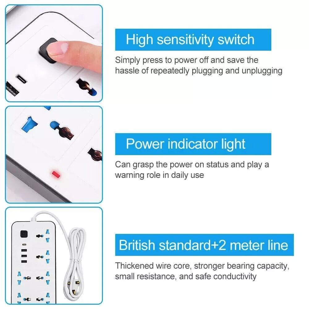 Extension Lead Cable Electric Mains Power 6 Gang 3 USB 1 Type-C Port Plug Socket