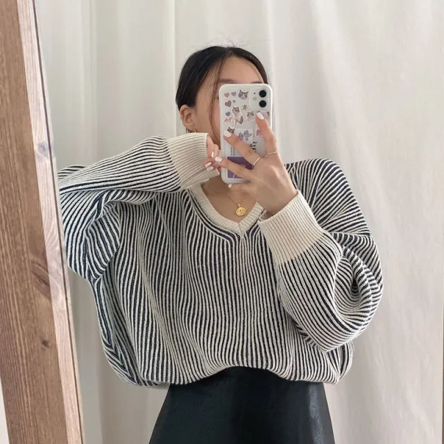 Temperament Loose Doll Sleeve V Neck Striped Sweater Black - Shop at LoveMi