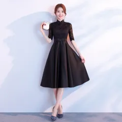 The End Elegant Long Sleeve Thin Company Annual Meeting Black Dress Dress Long Section - Stand Up Collar Black Midleng - View 1