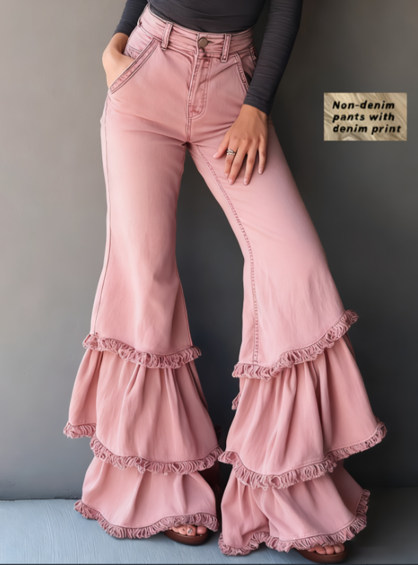 Denim like Printed Multi layer Ruffled Flared Pants Pink - Shop at LoveMi
