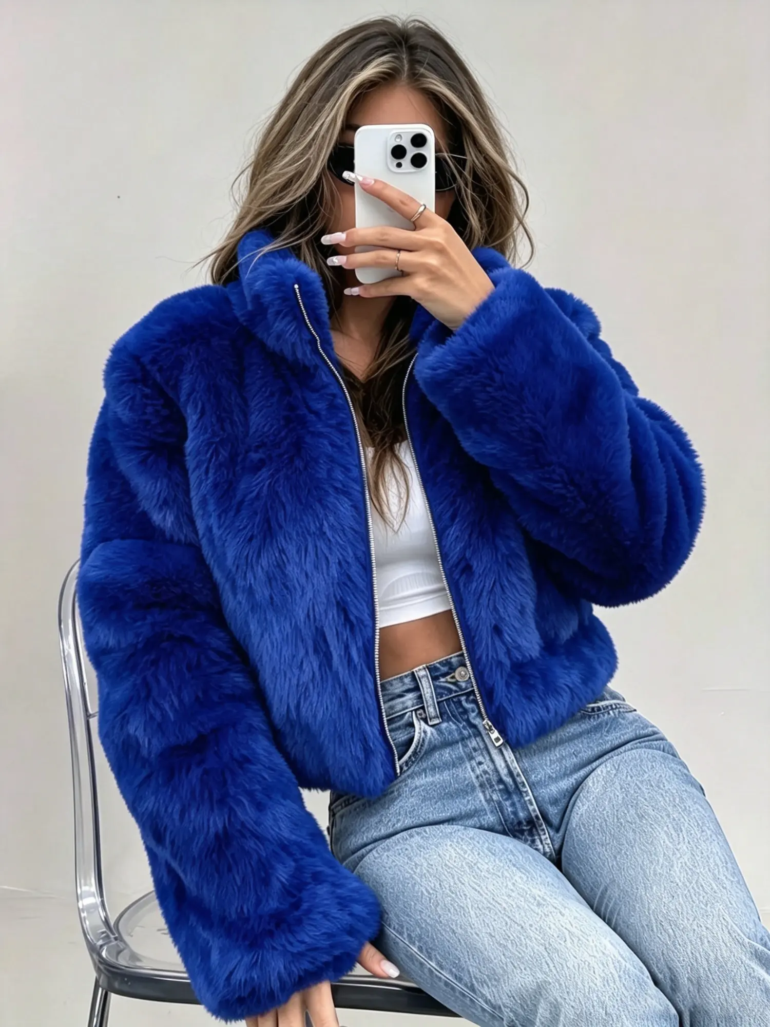 Women Cropped Faux Fur Zip Up Stand