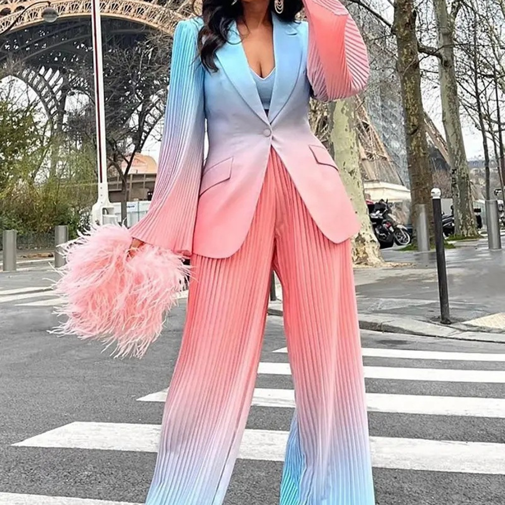 Women's Pleated Long Sleeve Ombre Slim Fit