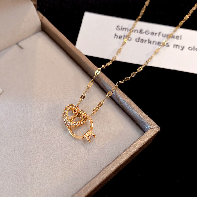 Stainless Steel Zircon Love Heart Double Ring Necklace New Simple Ladies Necklace Festive Party Jewelry