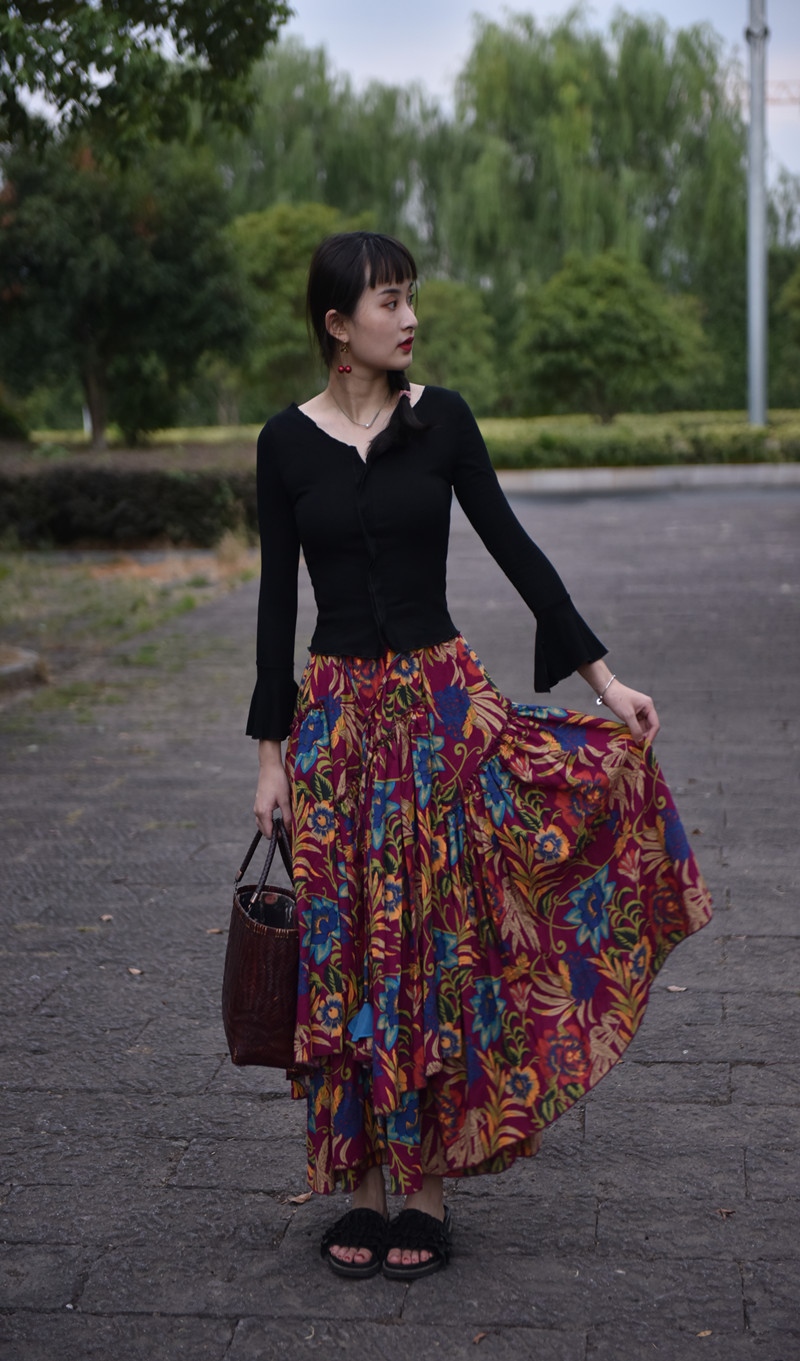 Women's Printed Cotton Linen Ethnic Skirt