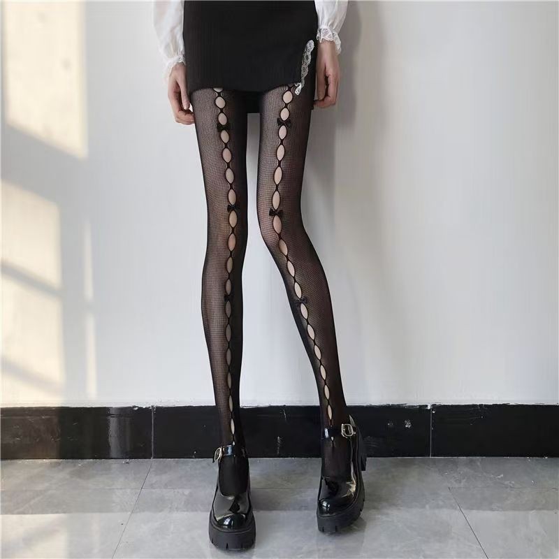 French Lace Fishing Net Socks, Bow Tie, Female Sexy Hollow Hole Mesh Socks, Versatile Mesh Pants