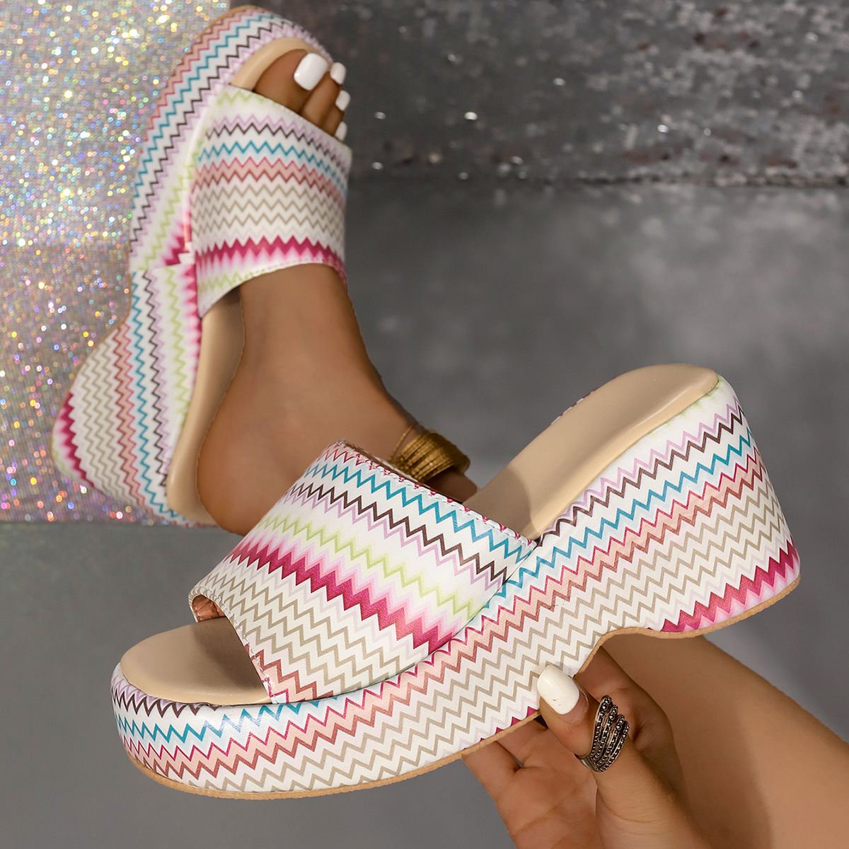 Fashion Colorful Wave Print Wedges Sandals Summer Outdoor High Heel Slippers Thick Bottom Shoes For Women — image 6 of 8