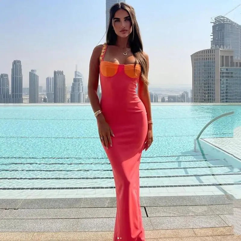 Women's Contrast Color Low Cut High Slit Long Skirt Irregular
