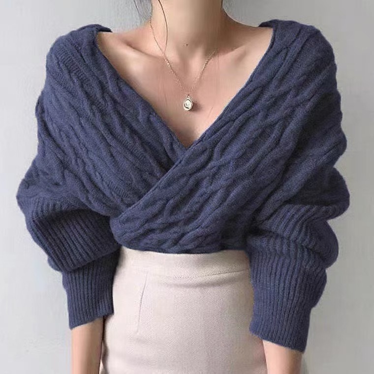 Bat Sleeve Cross V-neck Short Sweater