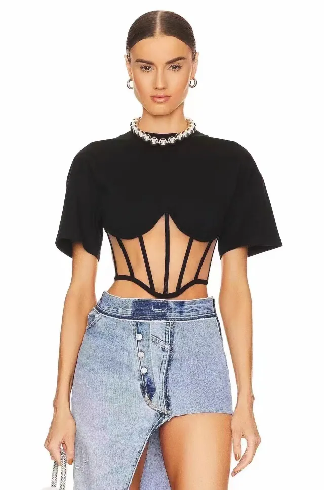 Round Neck Short Sleeve Bottom Spun Yarn Transparent Waist Slimming Black - Shop at LoveMi