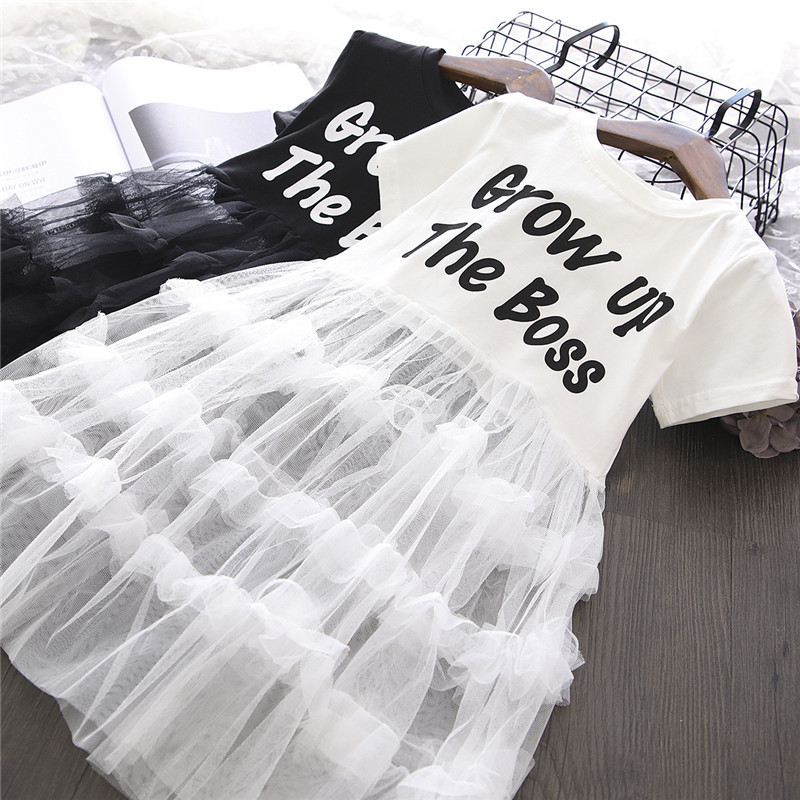 Female Baby Letter Short-sleeved Stitching Mesh Skirt Cake Dress