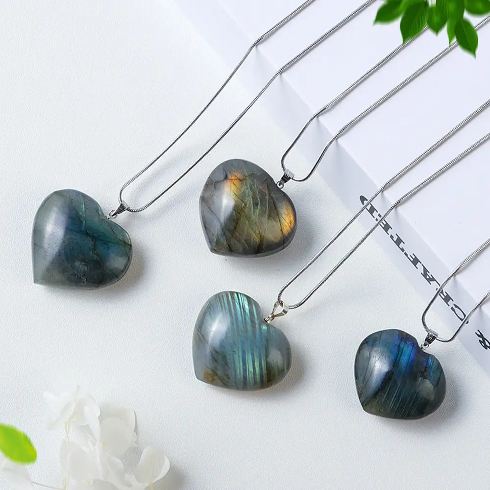 Natural Crystal Stone Silver Chain Heart-shaped Elongated Stone Moonstone Pendant