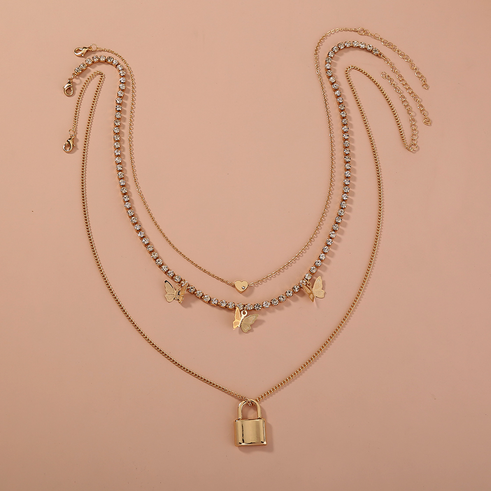 Gold Lock Necklace, Metal Butterfly diy fashion accessories multi-layer necklace