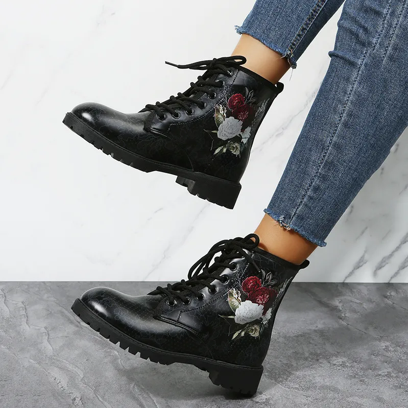 Halloween Shoes Rose Flower Print Lace-up Ankle Boots Women - White