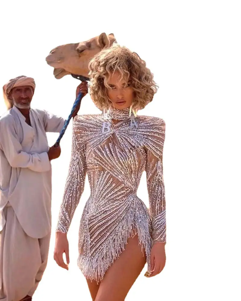 Sexy Sprinkled Gold And Silver Tassel Slit Dress Nightclub