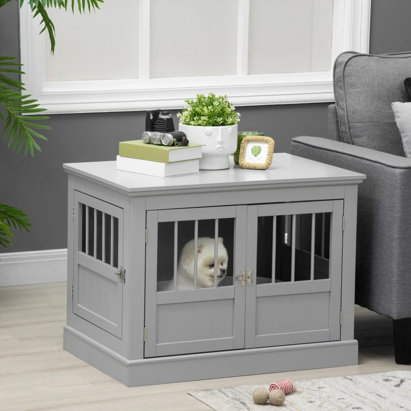 PawHut Wooden Dog Crate End Table, Dog Crate Furniture With Triple Doors, Puppy Crate For Small Dogs Indoor Use, Dark Gray