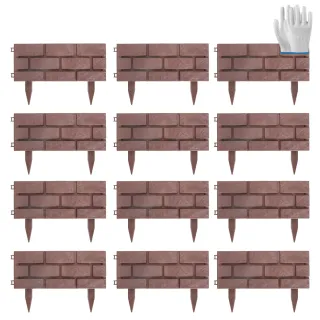 12PCS Stone Fence Edging Panels, PP Garden Border With Rotatable Connectors, Easy Snap Assembly Adjustable Angle For Garden Yard Lawn Flower Bed Landscape, Red