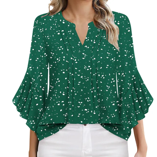 Womens Ruffle 3 4 Sleeve Chiffon Blouses Dressy Casual Trendy Shirts V Neck Business Work Top Green - Shop at LoveMi