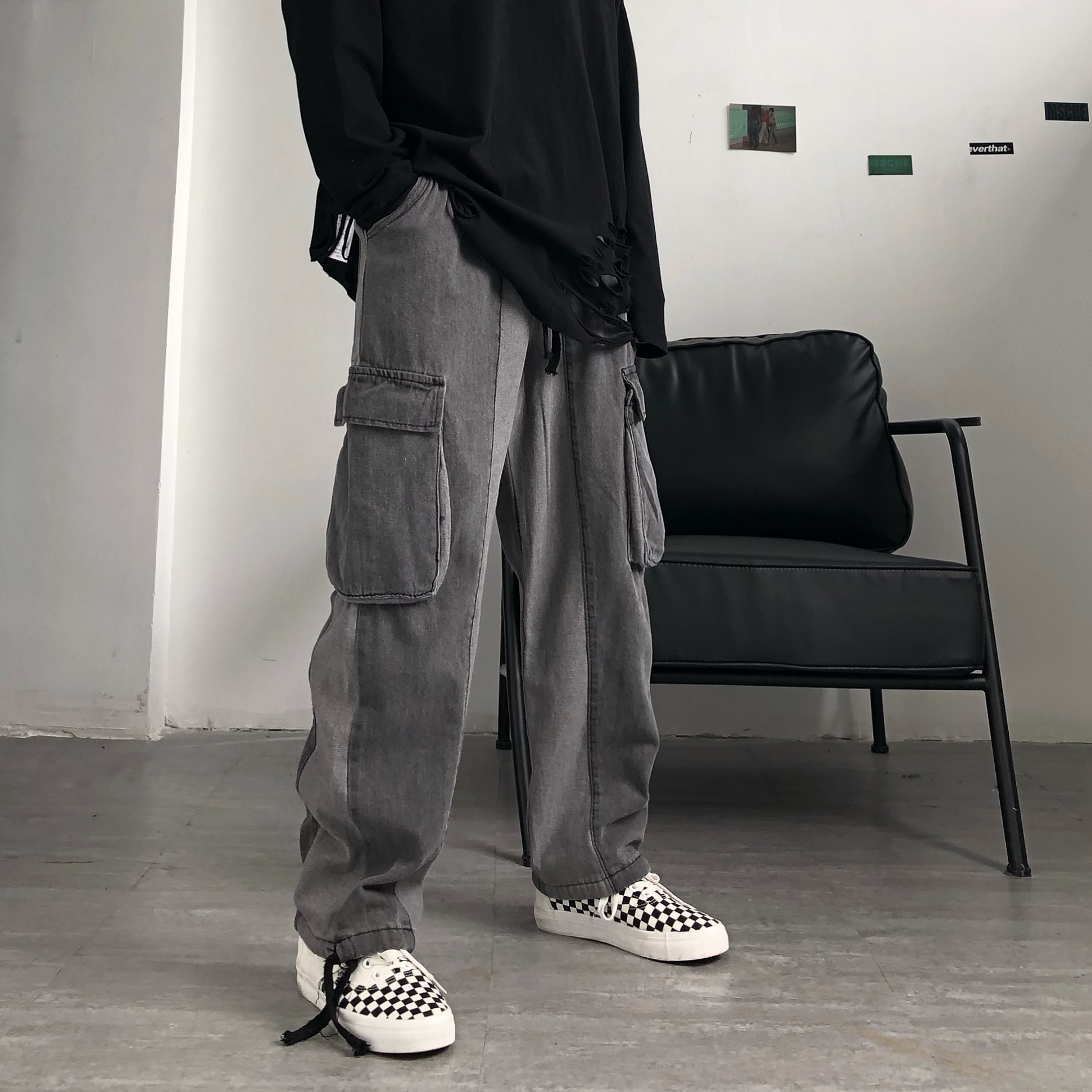 Men's And Women's Fashion Retro Workwear Large Pockets Loose Straight Wide Leg Pants