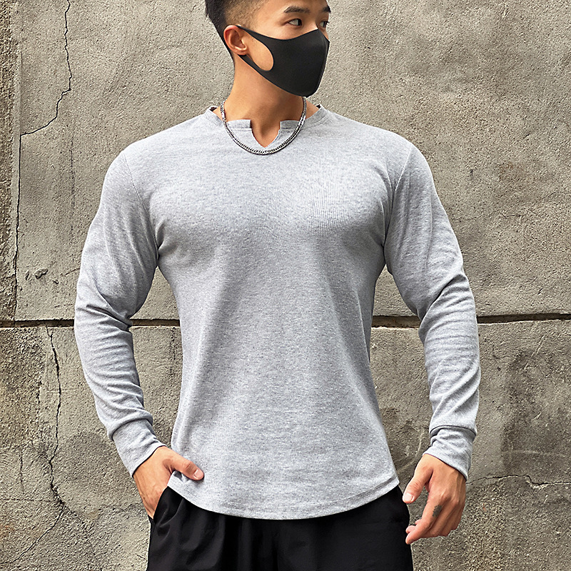 Men's Solid V-Shaped Crew Neck Long Sleeve T-Shirt