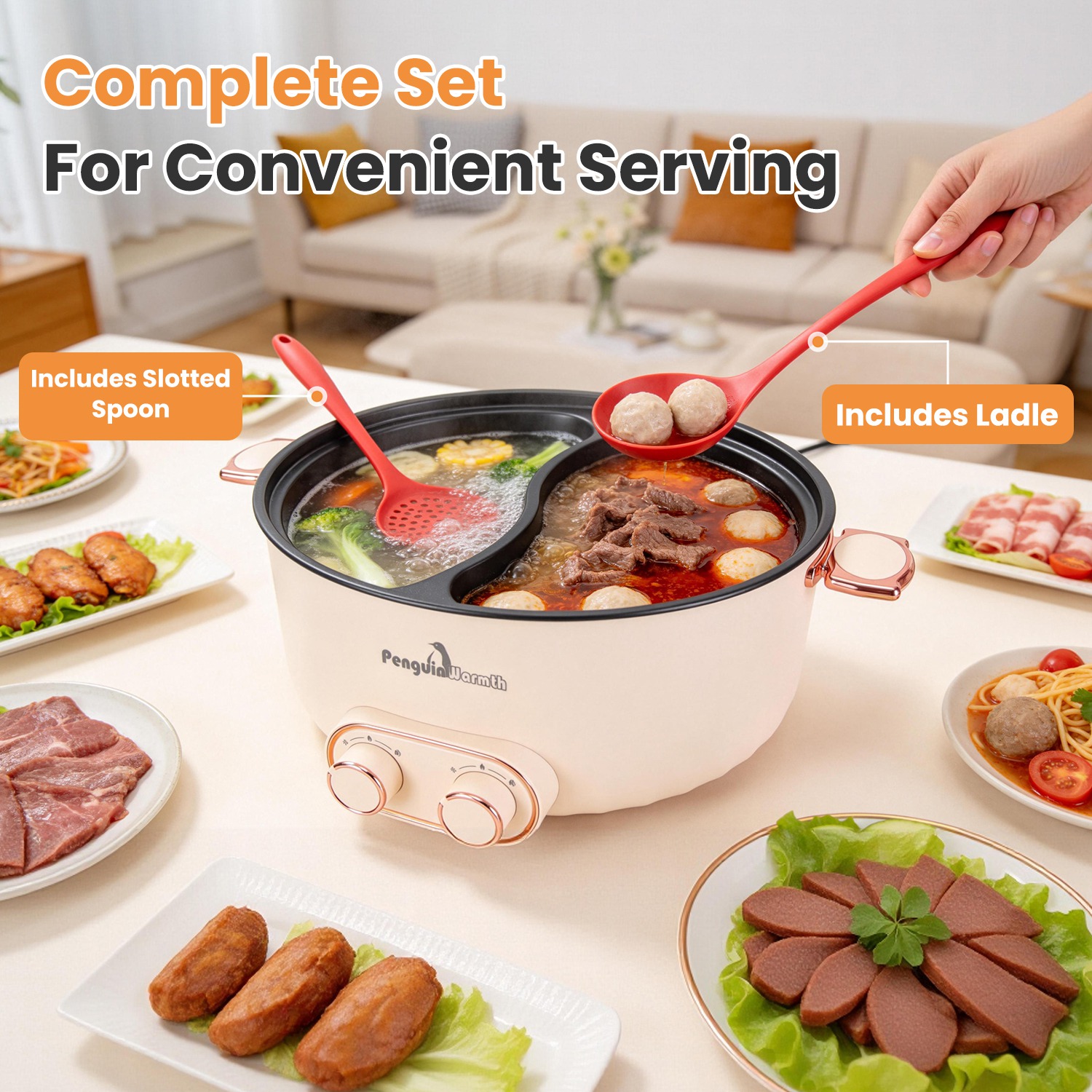 6L 1.59Gal Electric Hot Pot With Divider And Lid 2000W Stainless Steel With 2 Heat Settings Independent Control Overheat Protection Ladle & Slotted Spoon For Hot Pot Soup Noodles Shabu