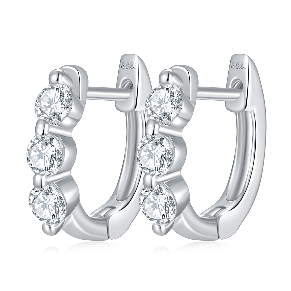 S925 Sterling Silver 3-Stone Moissanite Hoop Earrings For Women  Round Cut Huggie Hoop With GRA Certificate Platinum Plated Jewelry Gift Box Set