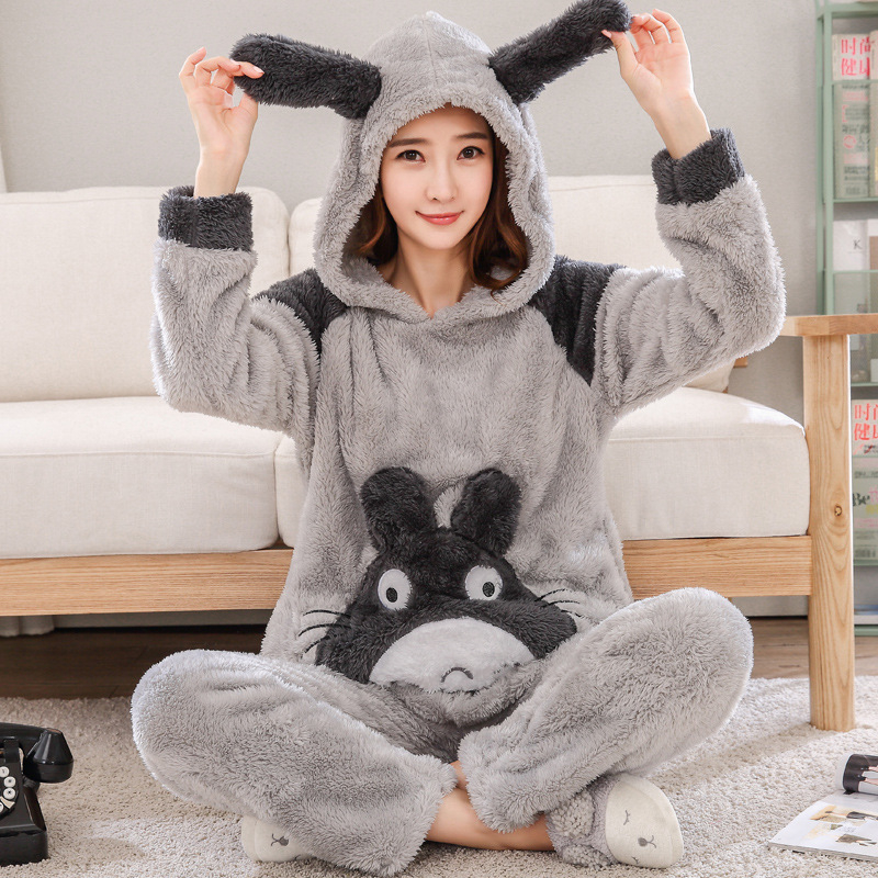 Title 3, Ladies Flannel Warm Cute Lively Cartoon Hooded Set