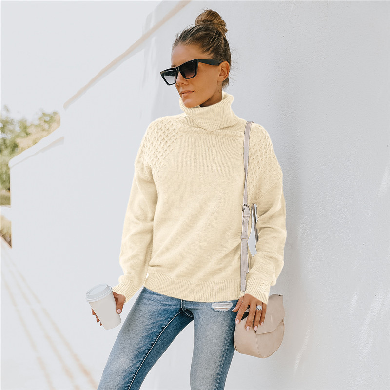 High Neck Long Sleeve Slim Knit Openwork Sweater