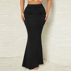 Women's Solid Colour Bodycon Mermaid Hem Dress, Ruched Tailored Pencil Dress With Elegant Draping - Black - View 1