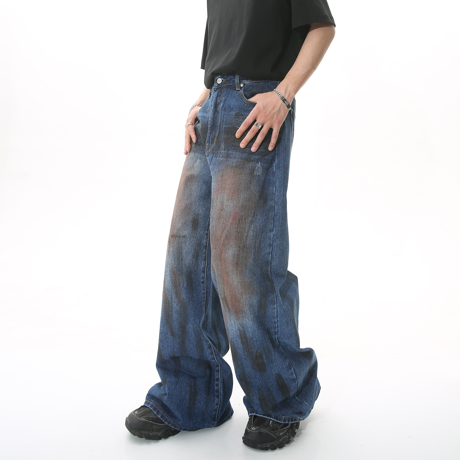 Summer New Graffiti Blooming Loose Straight Wide Leg Korean Style Denim Trousers