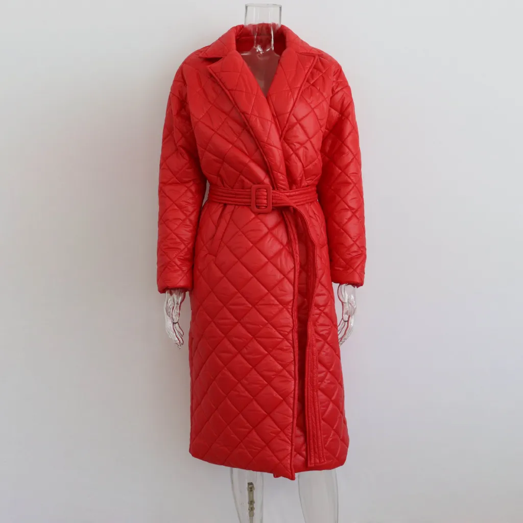 Large Medium Length Lingge Fashionable Cotton Padded Jacket For Women - Red