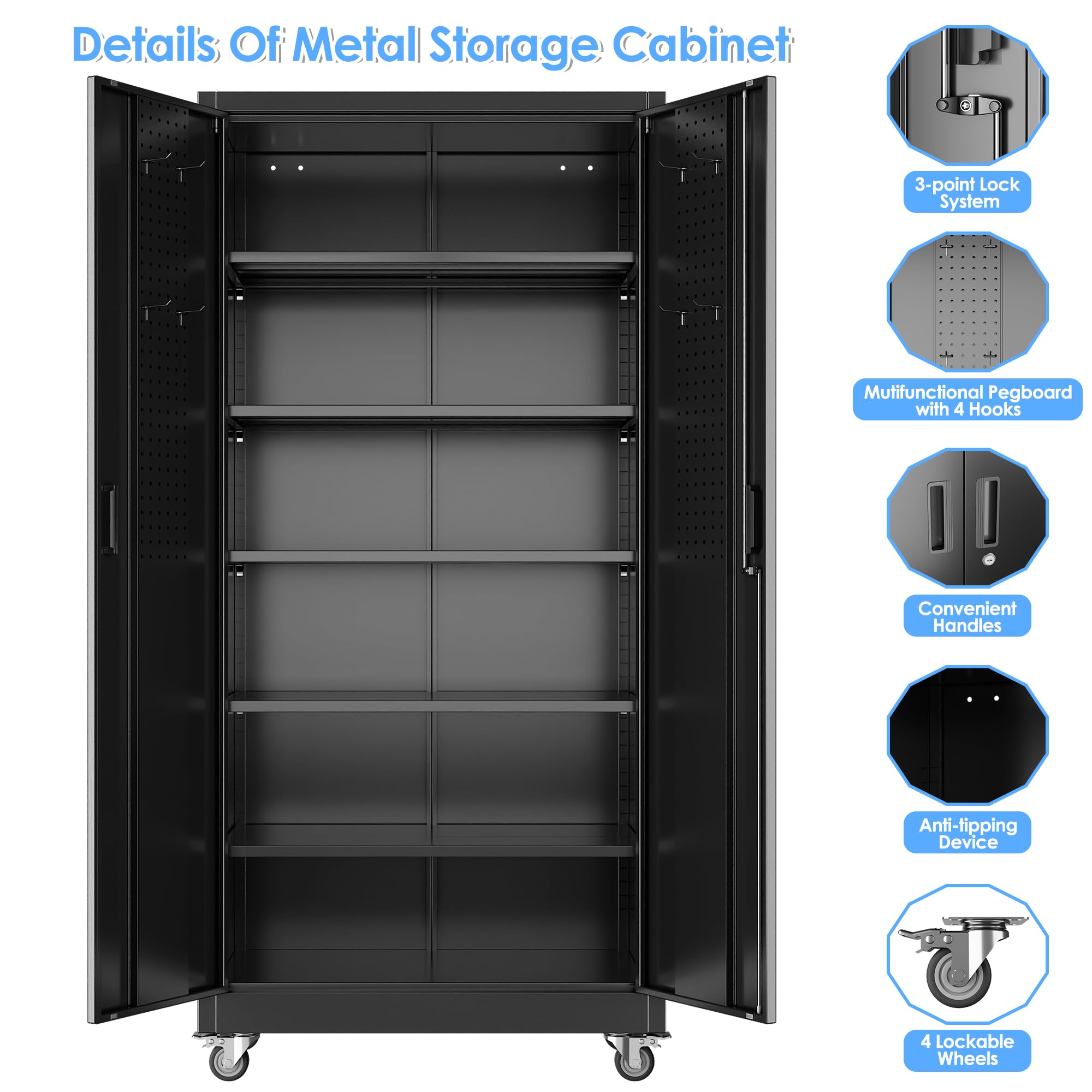 Aobabo Black Metal Garage Storage Cabinet With Wheels, 34inchW X 18inchD X 71inchH 5 Adjustable Shelves Hold Up To 170 Lb Each 4 Lockable Casters And Lockable Doors Organize Tools And Supplies. image 6