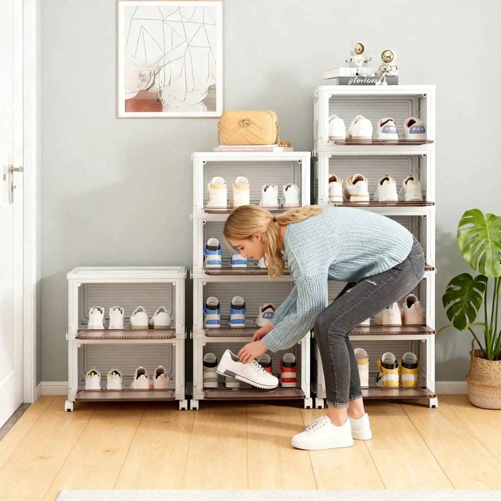 Stackable Shoe Storage Rack, Plastic Cabinet With Clear Doors For Home Use