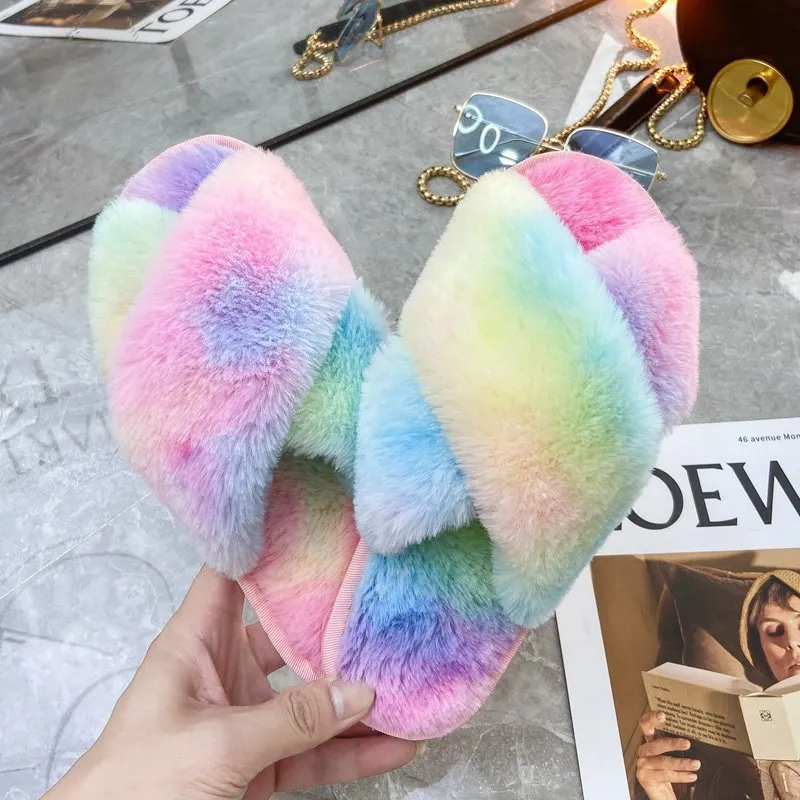Cross hair slippers casual flat rabbit hair women's shoes - Colorful
