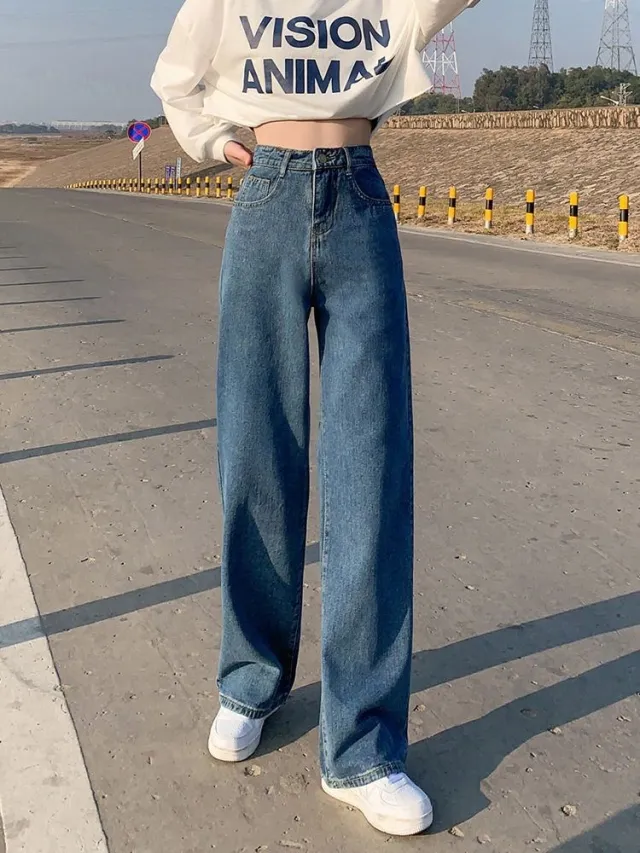 Wide Leg Jeans For Women Bottom Baggy Denim Pants Trousers Blue - Shop at LoveMi